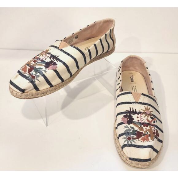 Toms Alpargata Rope Espadrilles Loafer WMNS 8.5 Blue Striped Floral Embroidered - Picture 3 of 11